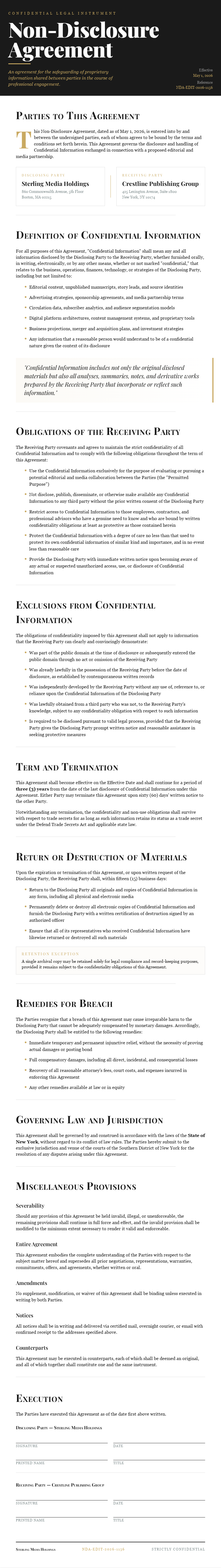 Editorial magazine Non Disclosure Agreement